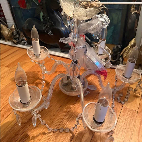 Antique five glass arm crystal chandelier, with prisms - Picture 2 of 13